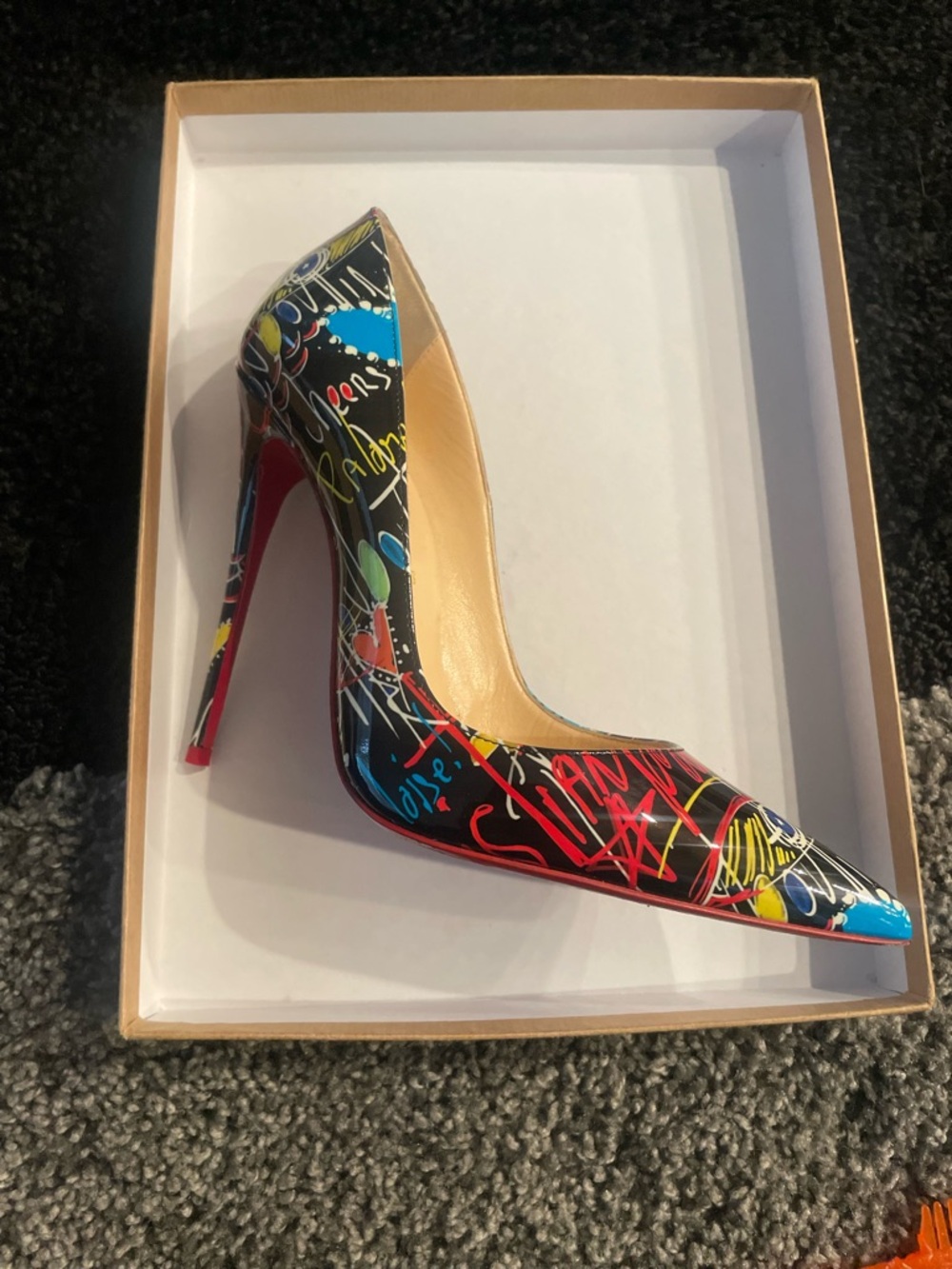 Christian Louboutin So Kate Black Graffiti Patent Leather Heels Shoes
